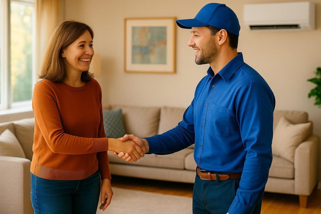 A smiling female homeowner shakes hands with a friendly HVAC technician